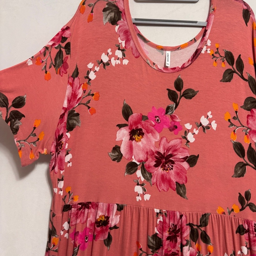 Floral Maxi Dress Women 5XL Pink Empire Waist Pocket Stretch Boho Summer Casual - Picture 3 of 9